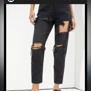 American Eagle Washed Black Destroyed Mom Jeans 2 crop ankle